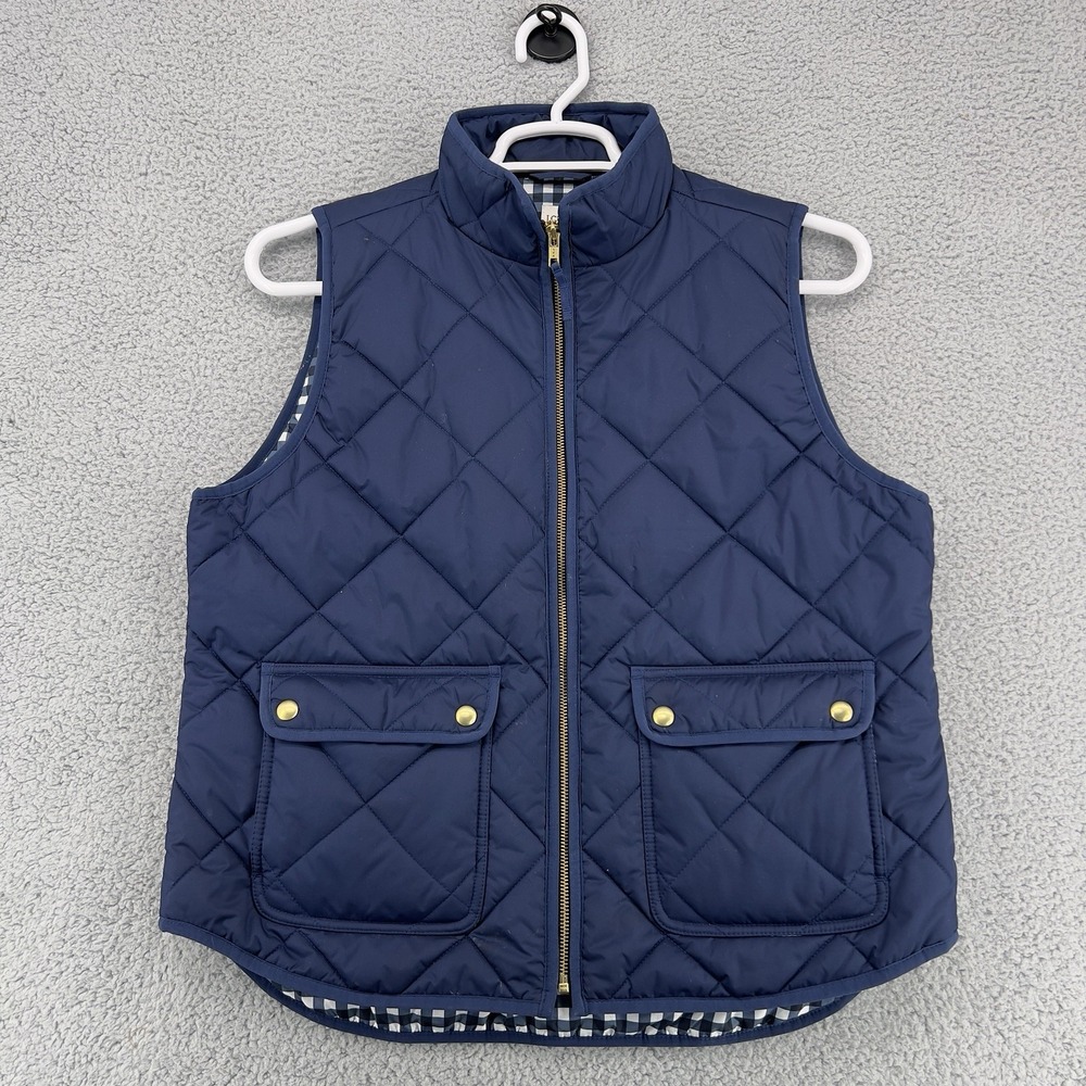 J. Crew Quilted Vest Women L Blue Full Zip Gingham Lining Pockets Excursion
